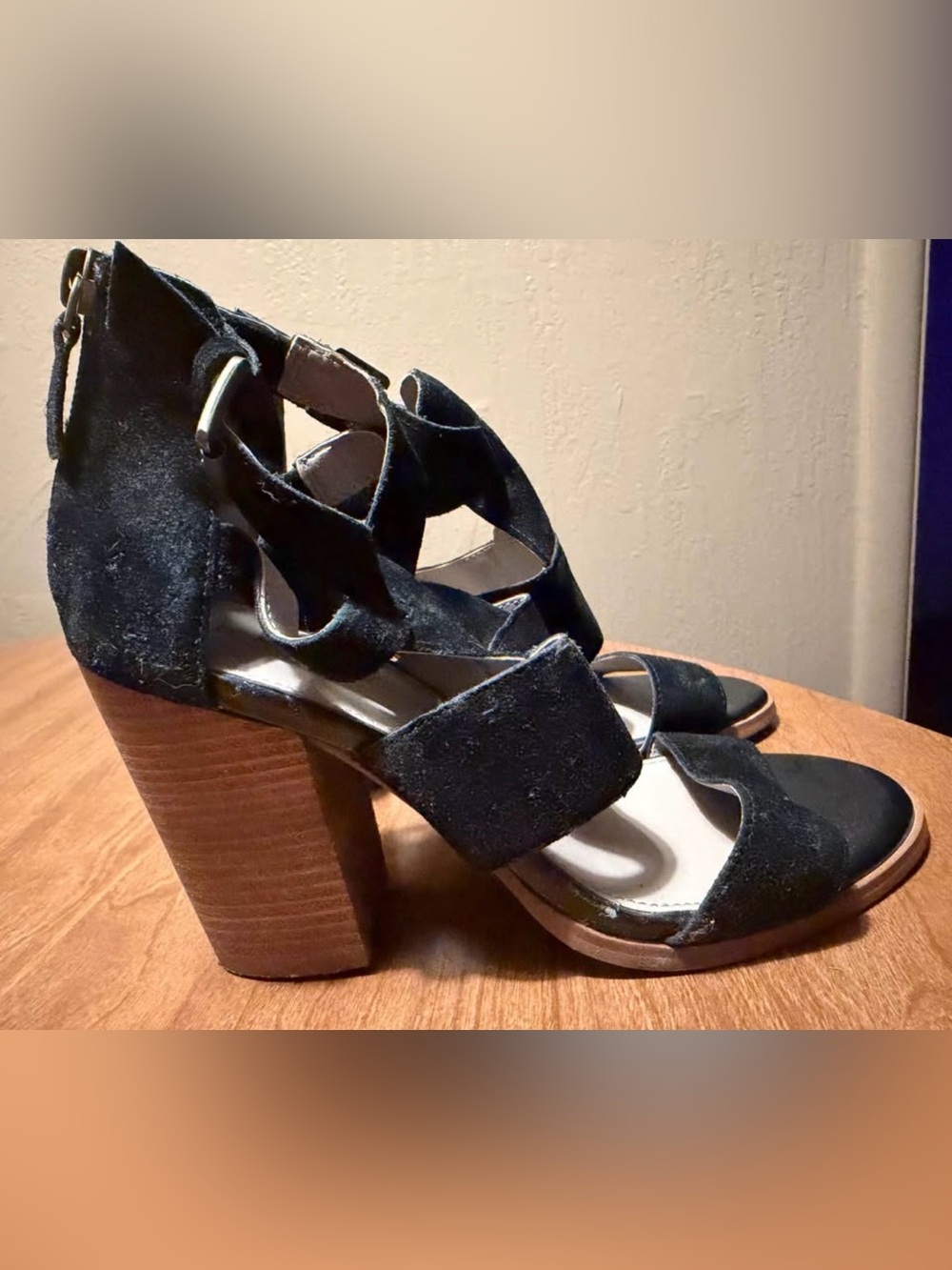hinge Black Suede Strappy Block Heel Sandals